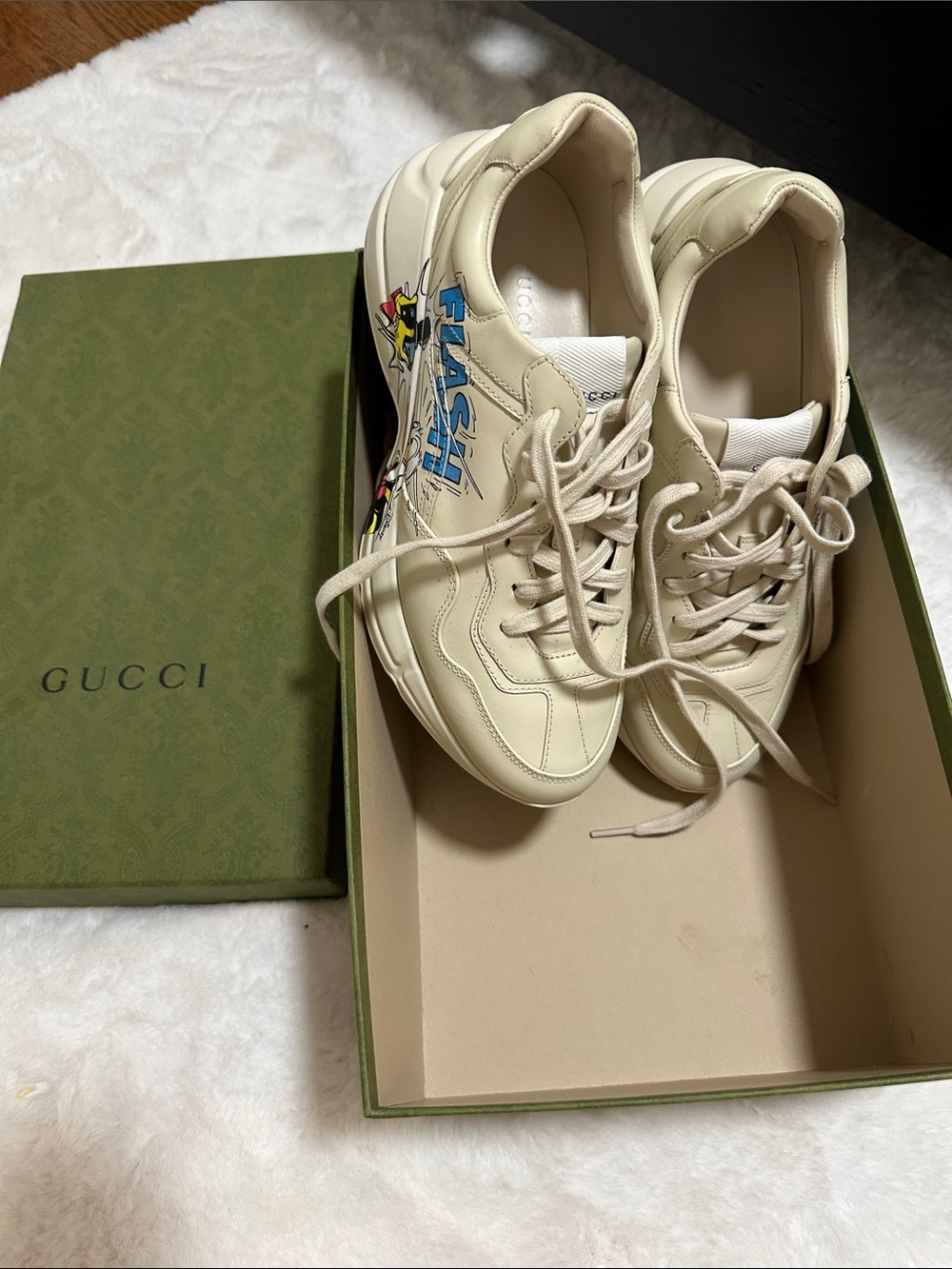 Gucci Cream Leather Graphic Rhyton Sneakers